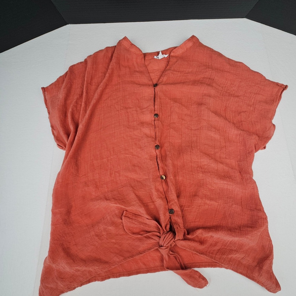 Lily Star Terracotta Rust Salmon Textured Light Tie Front Button Down Top XL